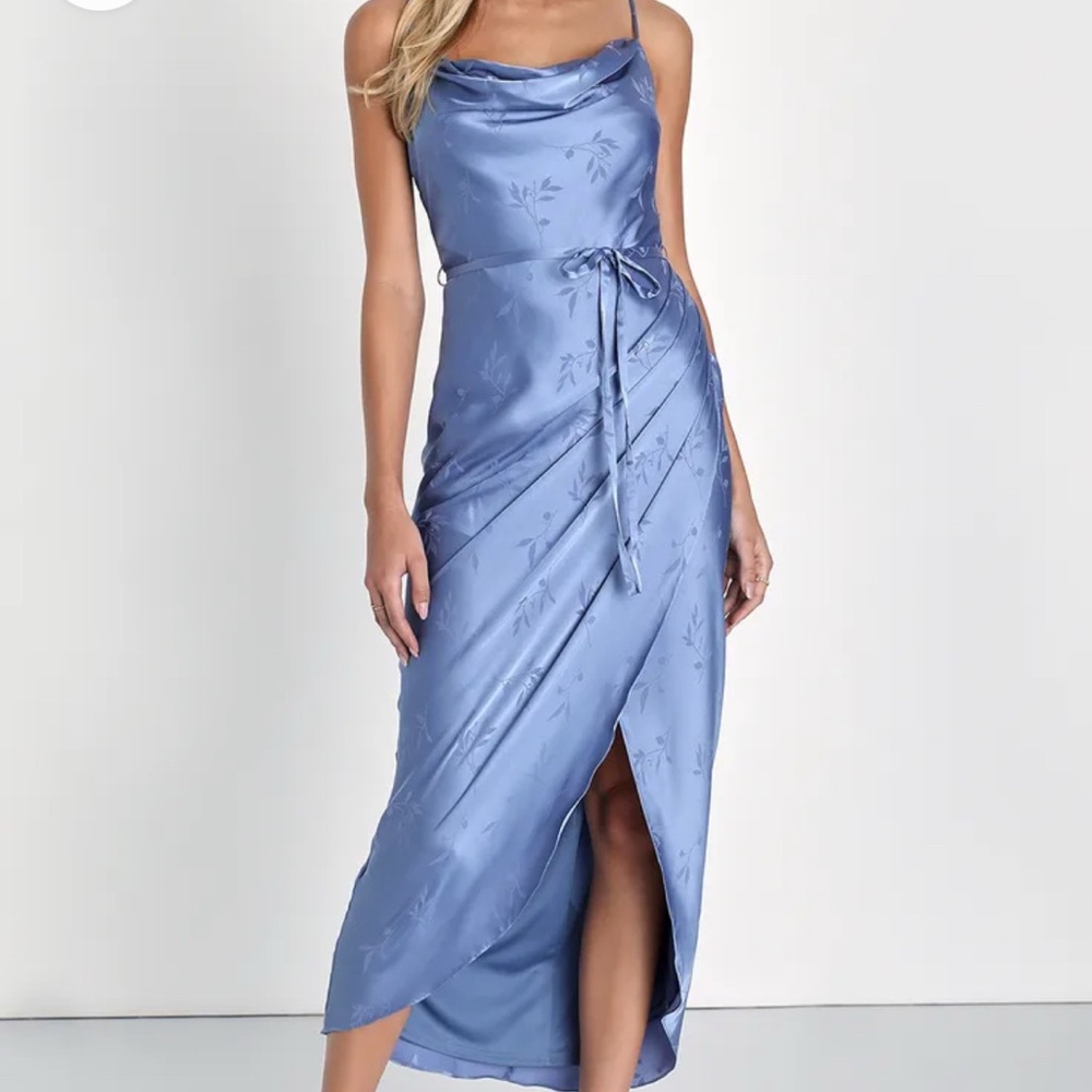 Lulus Satin Blue Sleeveless Formal Midi Dress Size Large Adjustable straps new